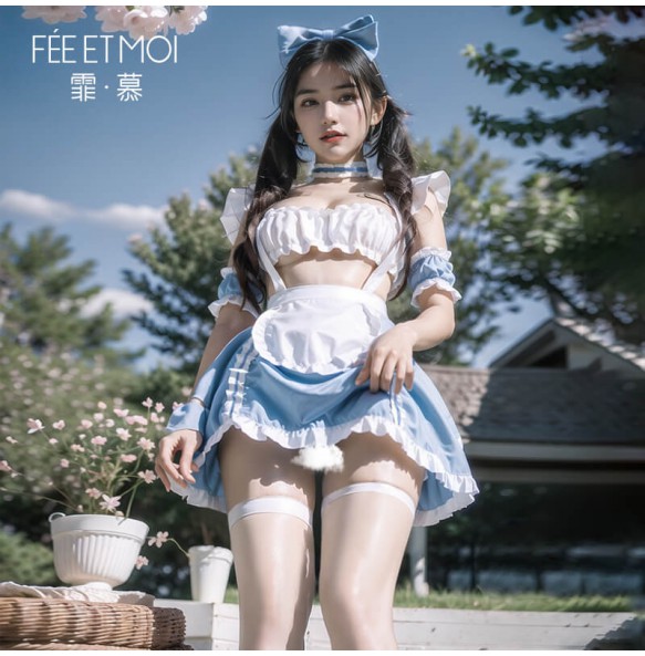 FEE ET MOI - Ruched Sweetheart Maid Outfit With Stockings (Blue - White)